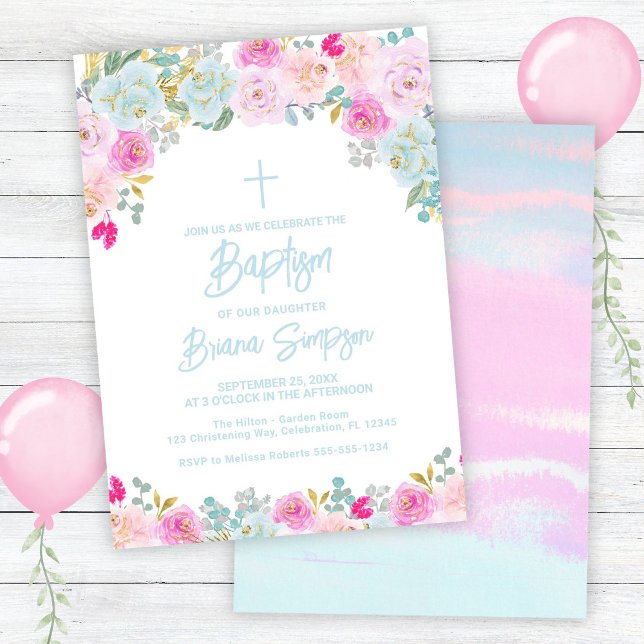 Blue Pink Peach Purple Flowers Floral Baptism Invitation (Creator Uploaded)