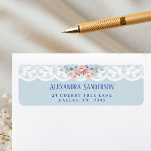 Blue Pink Peony White Vintage Lace Return Address