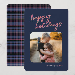 Blue Pink Plaid 1-Photo Happy Holidays Script Holiday Card
