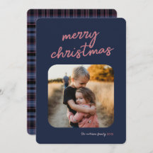 Blue Pink Plaid 1-Photo Merry Christmas Script