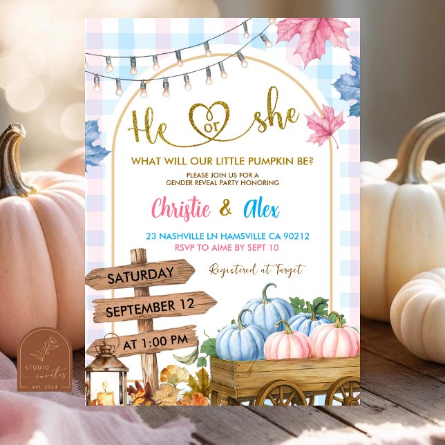 Blue Pink Plaid pumpkin patch Gender Reveal Invitation (Creator Uploaded)