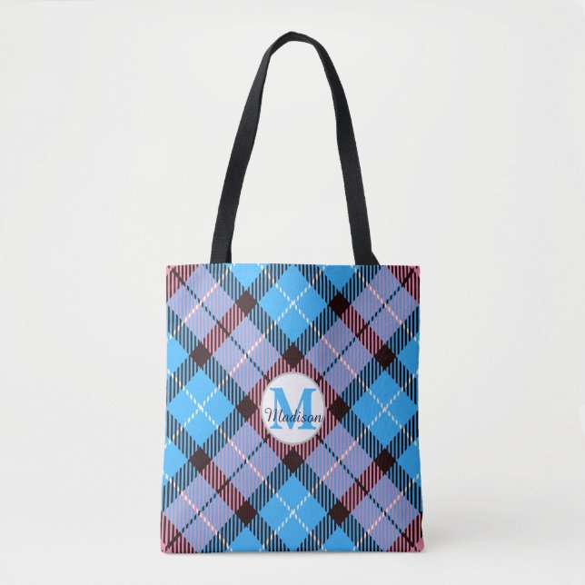 Blue Pink Plaid Tartan Monogram Script Teacher Tote Bag (Front)