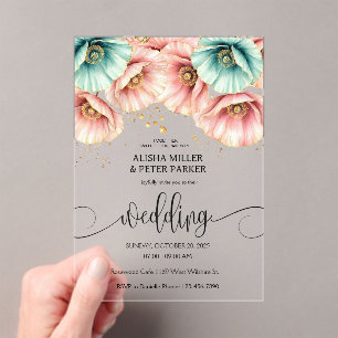 Blue & Pink Poppy Watercolor Wedding Invitation