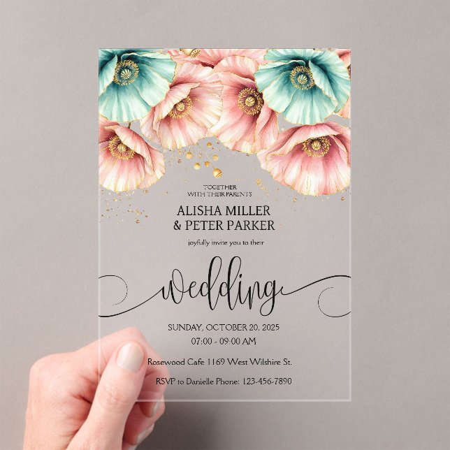 Blue & Pink  Poppy Watercolor Wedding Invitation (Insitu (Handheld))