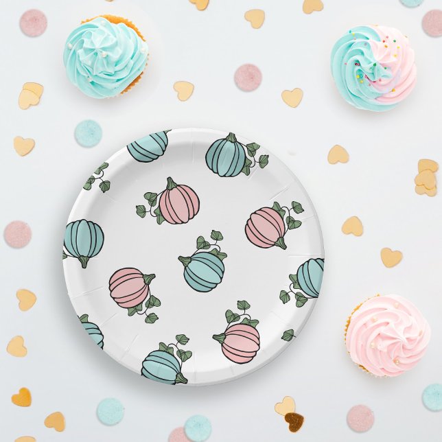 Blue & Pink Pumpkins Gender Reveal Party Paper Plate (Creator Uploaded)