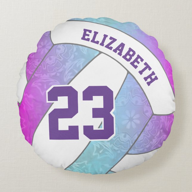 blue pink purple artsy girls volleyball round cushion (Front)