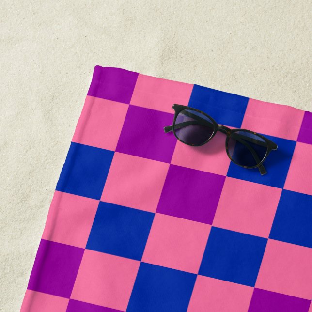 Blue Pink Purple Chequered Pattern Design  Beach Towel (In Situ)
