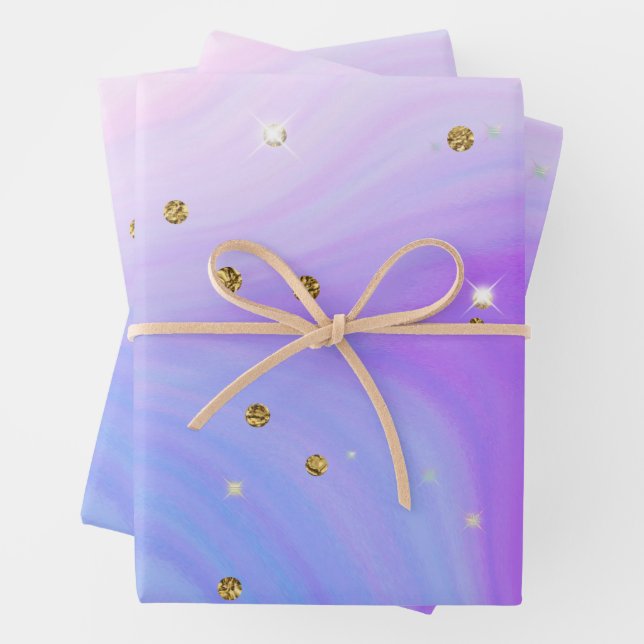 Blue pink purple gold glitter swirl Girls Birthday Wrapping Paper Sheet (In situ)