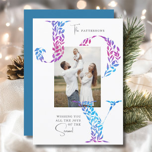 Blue Pink Purple Joy Family Christmas Photo Holiday Card