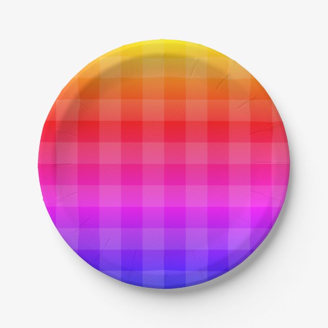 Blue pink purple red orange yellow plaid paper plate (Front)
