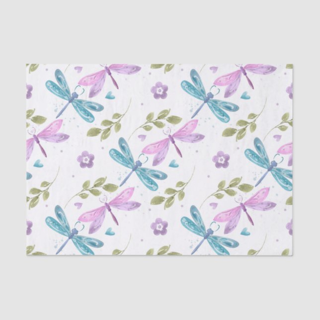 BLUE PINK PURPLE WATERCOLOR DRAGONFLIES TISSUE PAPER (Front)