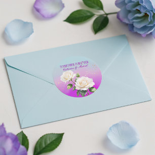Blue Pink Purple Watercolor Ombre Roses Wedding Classic Round Sticker