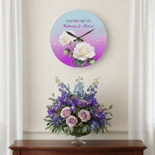 Blue Pink Purple Watercolor Ombre Roses Wedding Large Clock