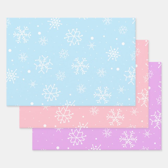 Blue Pink Purple White Snowflakes Wrapping Paper Sheet (Set)
