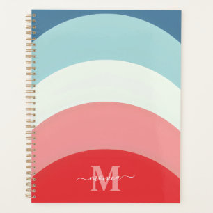 Blue Pink Rainbow Curve Stripes Monogram Name Planner