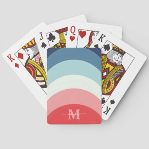 Blue Pink Rainbow Curve Stripes Monogram Name Playing Cards