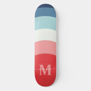 Blue Pink Rainbow Curve Stripes Monogram Name Skateboard
