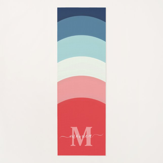 Blue Pink Rainbow Curve Stripes Monogram Name Yoga Mat (Front)