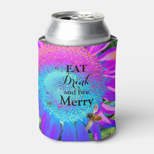 Blue pink retro funky sunflower photo can cooler (Can Front)