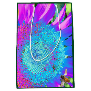 Blue pink retro funky sunflower photo medium gift bag