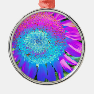 Blue pink retro funky sunflower photo metal tree decoration
