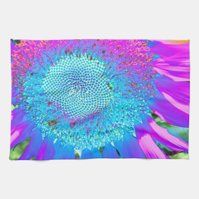 Blue pink retro funky sunflower photo tea towel (Horizontal)