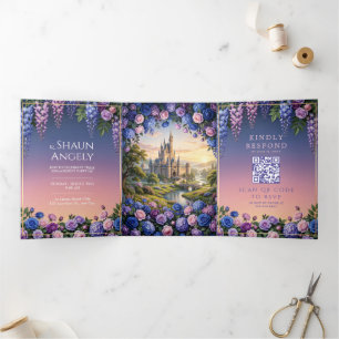 Blue Pink Rose Fairytale Castle Wedding Tri-Fold Invitation