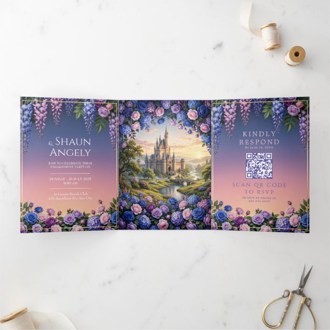 Blue Pink Rose Fairytale Castle Wedding Tri-Fold Invitation (Inside)