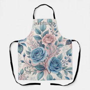 Blue & Pink Rose Pattern on Soft Pinkish-White Apron
