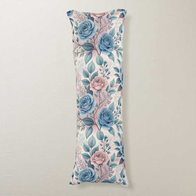 Blue & Pink Rose Pattern on Soft Pinkish-White Body Cushion (Front Vertical)