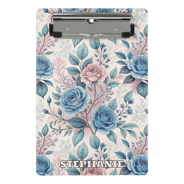 Blue & Pink Rose Pattern on Soft Pinkish-White Mini Clipboard (Front)