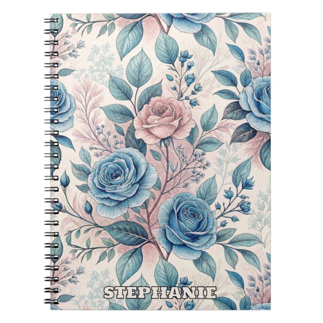 Blue & Pink Rose Pattern on Soft Pinkish-White Notebook (Front)