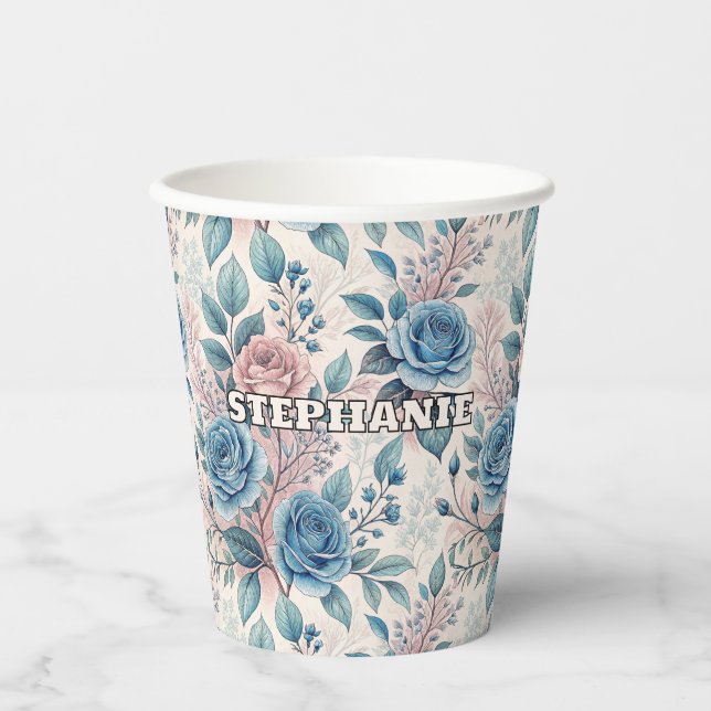Blue & Pink Rose Pattern on Soft Pinkish-White Paper Cups (Front)