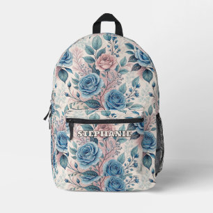 Blue & Pink Rose Pattern on Soft Pinkish-White Printed Backpack