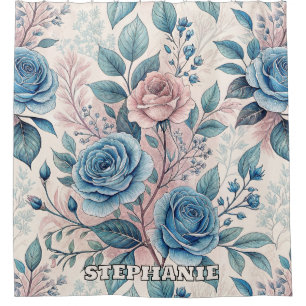 Blue & Pink Rose Pattern on Soft Pinkish-White Shower Curtain