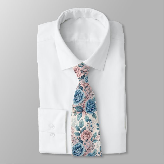Blue & Pink Rose Pattern on Soft Pinkish-White Tie (Tied)