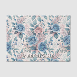 Blue & Pink Rose Pattern on Soft Pinkish-White Tissue Paper