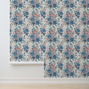 Blue & Pink Rose Pattern on Soft Pinkish-White Wallpaper