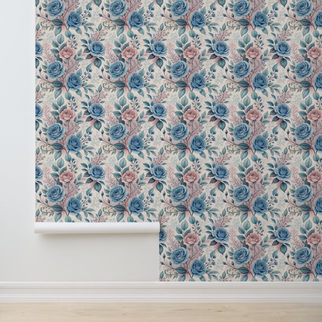 Blue & Pink Rose Pattern on Soft Pinkish-White Wallpaper (Application)