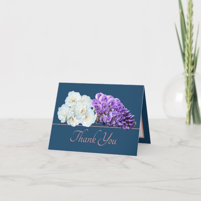 Blue Pink Rose Wisteria Flower Bouquet Thank You Card (Front)