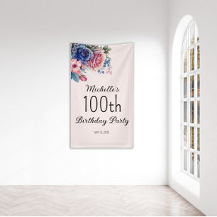Blue Pink Roses Floral Botanical 100th Birthday Banner