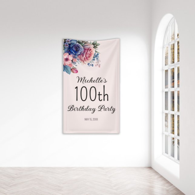 Blue Pink Roses Floral Botanical 100th Birthday  Banner (Creator Uploaded)