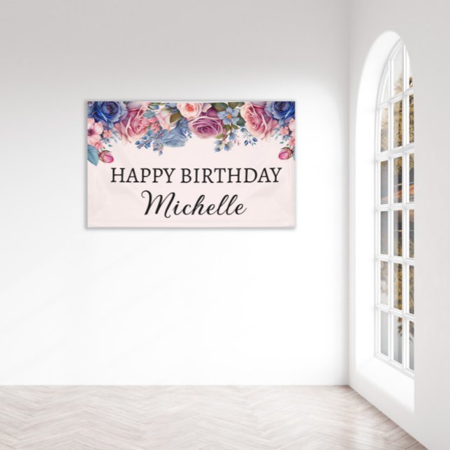 Blue Pink Roses Floral Botanical Happy Birthday Banner (Creator Uploaded)