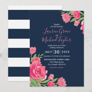 Blue Pink Roses Flower Bouquet Floral Wedding Invitation