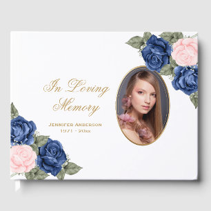 Blue Pink Roses Gold Photo Funeral Memorial Guest Book