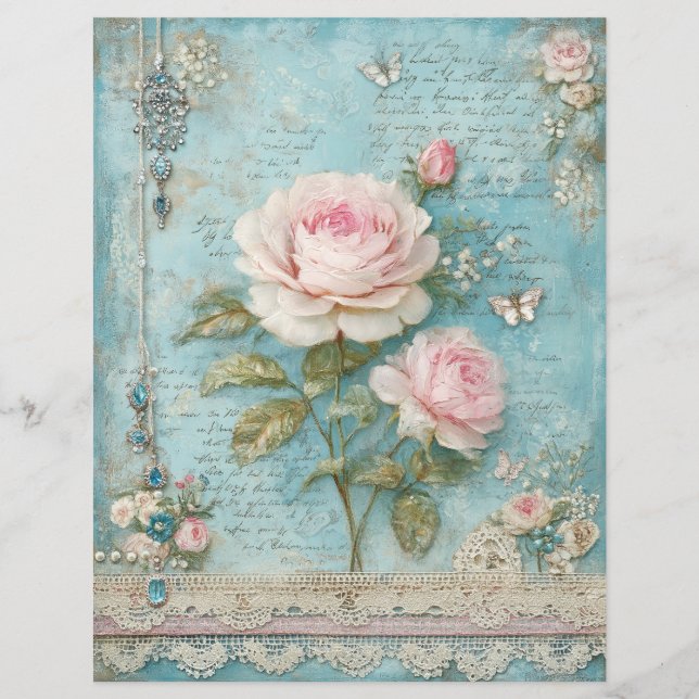 Blue Pink Roses Junk Journal Scrapbook Paper (Front)