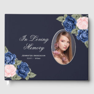 Blue Pink Silver Floral Photo Memorial Funeral Guest Book
