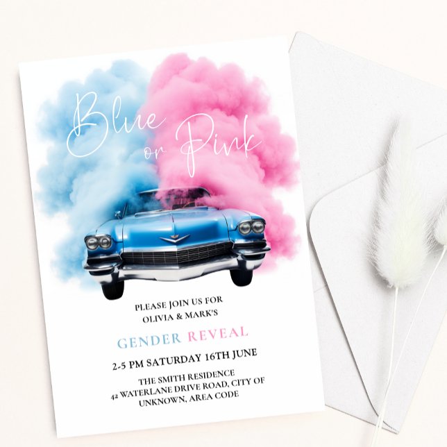 Blue Pink Smoke Car Truck Burnouts Gender Reveal Invitation (Creator Uploaded)