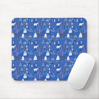 Blue Pink Snowy Happy Winter Forest Bear Bunny Mouse Pad