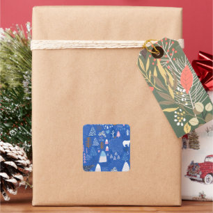 Blue Pink Snowy Happy Winter Forest Bear Bunny Square Sticker